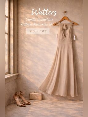 Watters Camila Sandstone Crinkle Chiffon Midi Dress Size 10 NWT